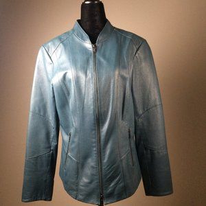 Fitted Danier leather turquoise jacket